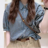 Short Sleeve Vintage Blue Plaid Color Blouse Shirt